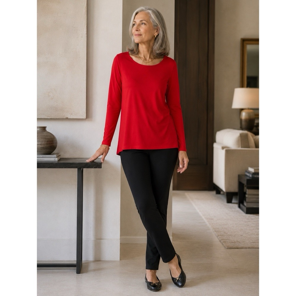 Eileen Fisher Size XL Red Stretch Knit Long Sleeve Tunic Top Scoop Neck